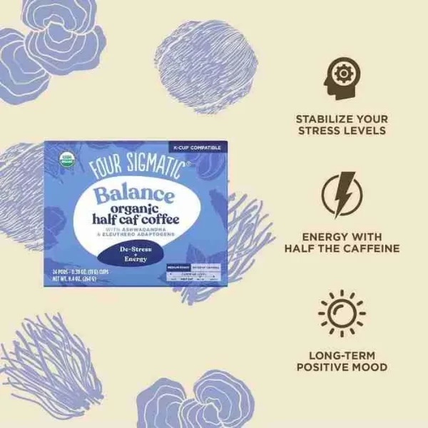 four sigmatic organic balance half caf coffee pods box 24 count